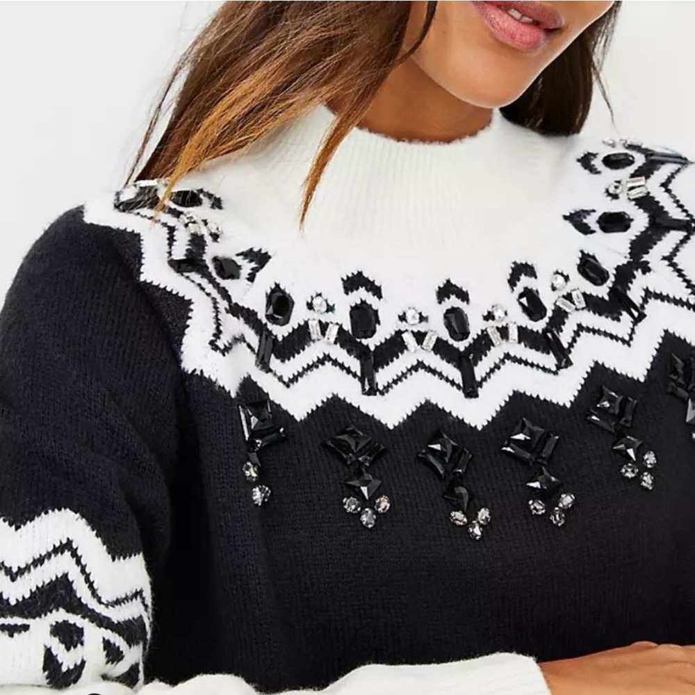 Ann Taylor Womens Black White Fair Isle Beaded Rhinestone Mock Neck Sweater M